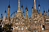 Rows of stupas in the Kakku (Kekku) Pagoda complex. The complex was kept hidden from the rest of the world until 2002 when it was opened to foreigners. Shan State, Burma (Myanmar).